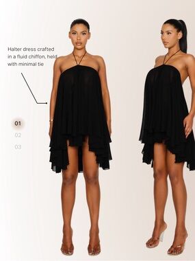 CouCoo Black Halter Layered Chiffon Mini Dress Small